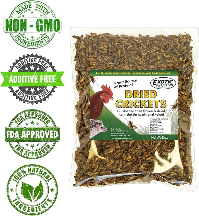 1.5 Pound Dried Crickets - High Protein Insect Treat - Chickens, Wild Birds, Hedgehogs, Bluebirds, Reptiles, Sugar Gliders, Opossums, Skunks, Lizards, Bearded Dragons, Fish, Turtles 8 oz. (3 Pack) ExoticNutrition