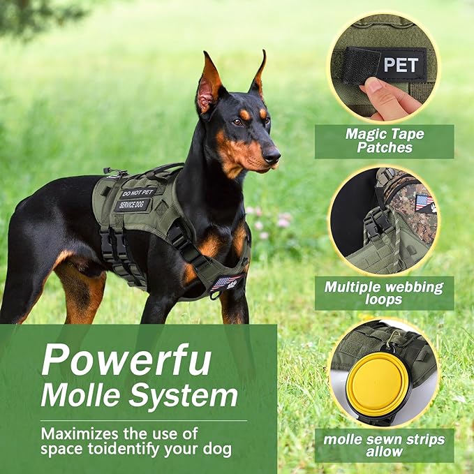 No Pull Tactical Dog Harness for Medium Dogs, Escape Proof Molle Dog Vest Harness and Leash Set, Adjustable Military Service Dog Harness with Handle for Medium Large Dogs(Black,Medium) - PAWPICO