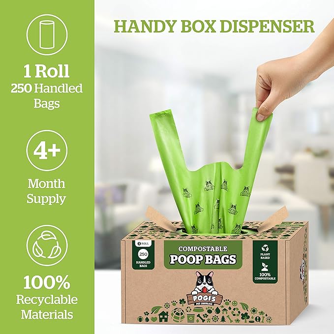 Pogi's Compostable Dog Poop Bags with Handles - 250 Doggie Poop Bags with Easy-Tie Handles - Leak-Proof Dog Waste Bags, Plant-Based, ASTM D6400, EN 13432 Certified Extra Large Poop Bags for Dogs - PAWPICO