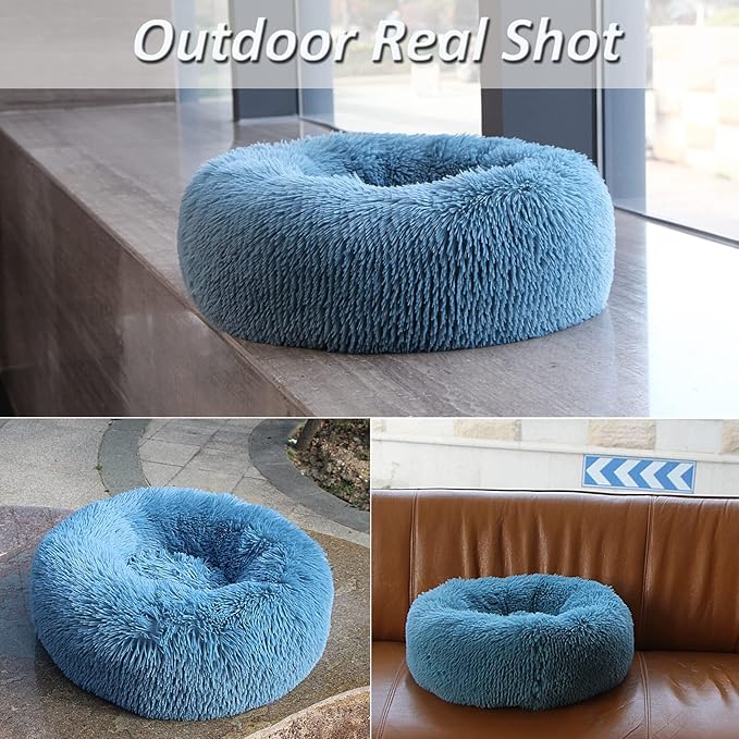 Comfy Calming Dogs Bed for Deep Sleep Small Puppy ,Puppy Bed with Fluffy Donut is for Anxiety Small Dogs,19" Round Soft Faux Fur Pet Bed for Small Dogs Under 15 lbs Machine Washable Blue - PAWPICO