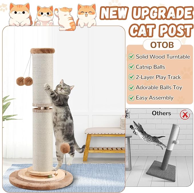 OTOB 32" Tall Cat Scratching Post, 4.3Inch Large Diameter Natural Sisal Rope Scratcher Post for Indoor Large Cats Kittens, 5-in-1 Interactive Turntable Cat Scratch Post (Brown, B-33Inch) - PAWPICO