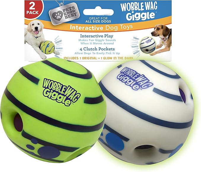 Wobble Wag Giggle Ball 2 Pack- Interactive Dog Toy, Fun Giggle Sounds When Rolled or Shaken, Pets Know Best, 1 Original & 1 Glow in The Dark Ball - PAWPICO