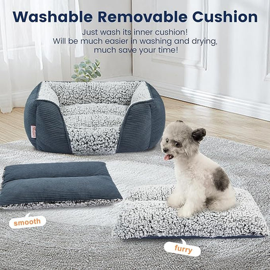 Miguel Washable Dog Bed with Removable Cushion for Medium Small Dogs, Easy to Wash Pet Sofa Bed with Side, Rectangle Bolster Cat Bed Calming Cuddle Puppy Bed with Anti-Slip Bottom, Blue 30 Inch - PAWPICO