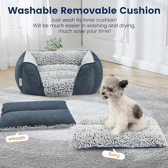 Miguel Washable Dog Bed with Removable Cushion for Medium Small Dogs, Easy to Wash Pet Sofa Bed with Side, Rectangle Bolster Cat Bed Calming Cuddle Puppy Bed with Anti-Slip Bottom, Blue 25 Inch - PAWPICO