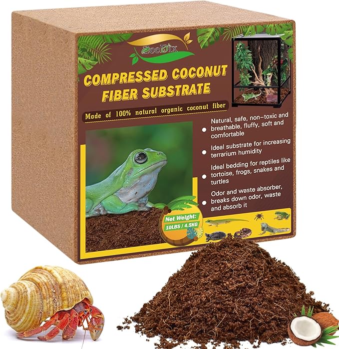 ZeeDix 10LB Compressed Coconut Fiber Substrate, 100% Organic Coco Coir Fiber Brick Husk Substrate Bedding for Reptiles, Geckos, Lizards, Tortoises, Ball Python, Frogs ZeeDix