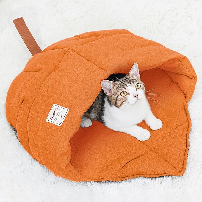 Cat Sleeping Bag,Cozy Cat Bed Cave Leaf Nest,Linen Fabric Pet Cuddle Zone,Covered Hide Warm Burrowing Soft Durable Washable Cat Bed for Indoor Puppy and Kitten(Maple Leaf Orange) - PAWPICO