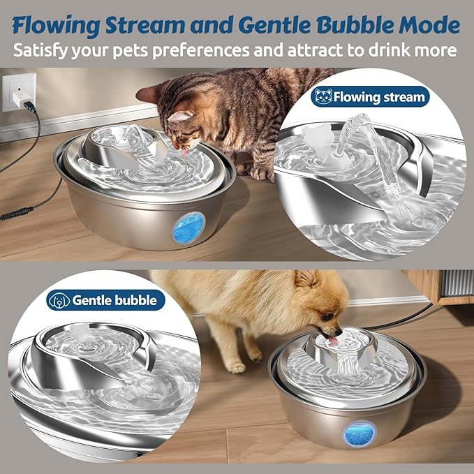 ORSDA Cat Water Fountain Stainless Steel, Automatic Pet Water Fountain, 67oz/2L Drinking Fountain Dog Water Dispenser with Water Level Window for Cats and Small Dogs- 4Pcs Filters (D36) - PAWPICO