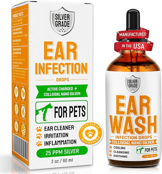 Dog Ear Infection Treatment + Colloidal Silver ● Ear Infection Treatment for Dogs & Cats ● Drops for Irritations, Itch, Odors, & Cat and Dog Ear Infection ● Silver Ear Wash for Different Pets ● 2 Oz SilverGrade