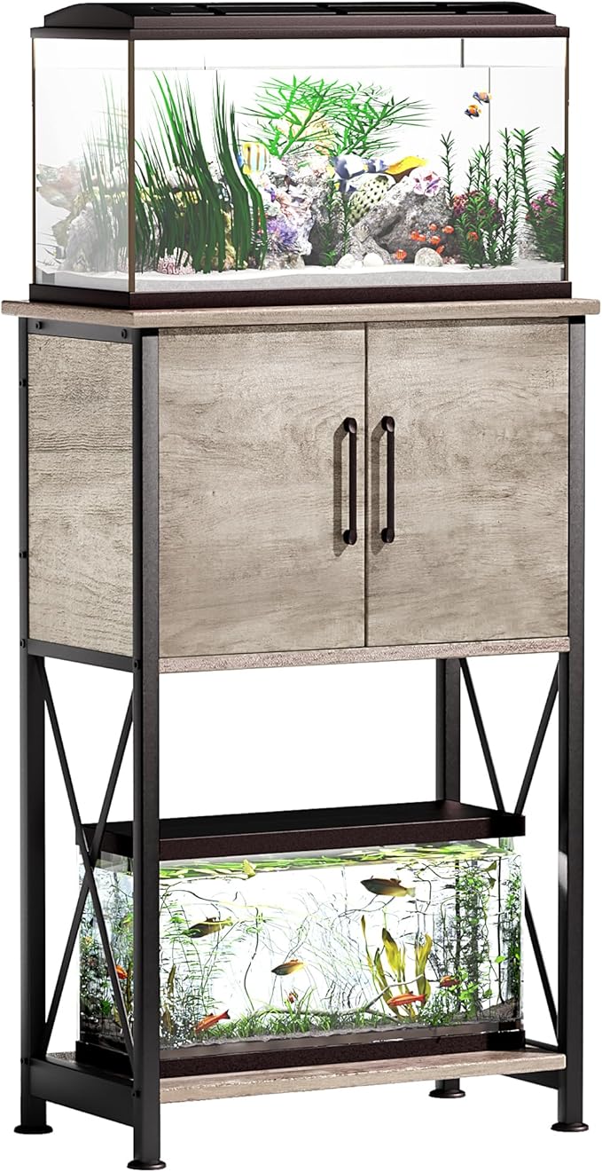 5-10 Gallon Fish Tank Stand, Metal Double Aquarium Stand with Cabinet for Fish Tank Accessories Storage, Heavy Duty 20.5" L* 11.02" W Tabletop, 500LBS Capacity Grey PG06YGZ Herture