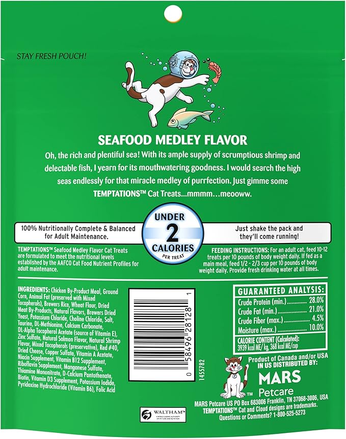 Temptations Classic Crunchy and Soft Cat Treats Seafood Medley Flavor, 6.3 oz. Pouch (Pack of 10) Temptations