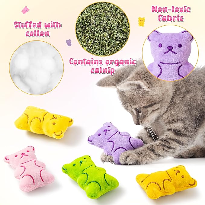 MALLMALL6 Catnip Toys for Cat - 5Pcs Gummy Colorful Bear Catmint Interactive Cat Toy for Indoor Cats, Soft Plush Candy Cat Supplies, Kitten Teething Chew Toy Set, Cute Pet Gifts for Cat Lover - PAWPICO