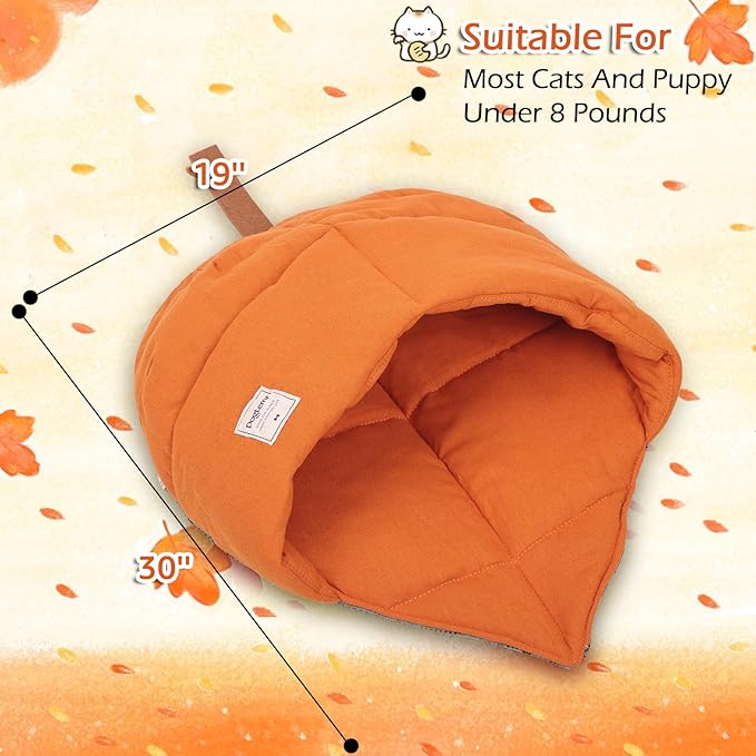 Cat Sleeping Bag,Cozy Cat Bed Cave Leaf Nest,Linen Fabric Pet Cuddle Zone,Covered Hide Warm Burrowing Soft Durable Washable Cat Bed for Indoor Puppy and Kitten(Maple Leaf Orange) - PAWPICO