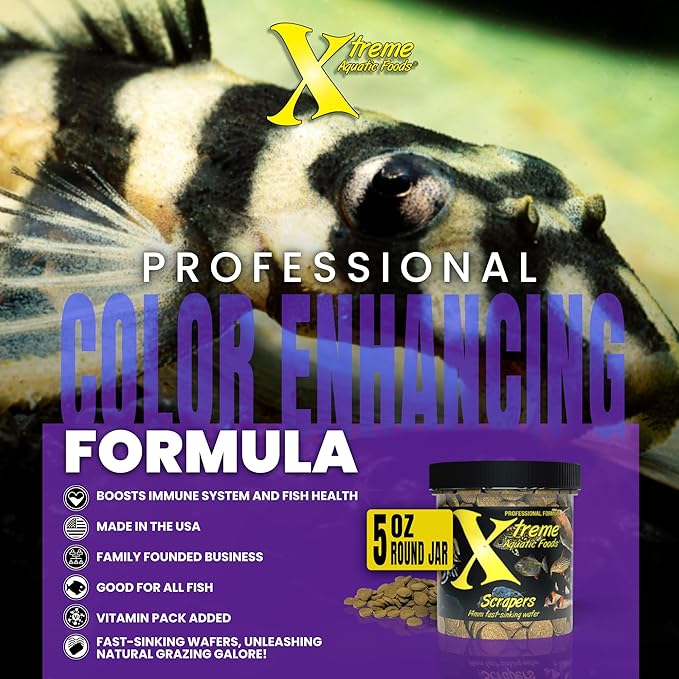 Xtreme Scrapers Wafers - Premium 14mm Fast-Sinking Fish Food – Nutrient & Cellulose Rich Ideal for Nocturnal Feeders, Catfish, Plecostomus Species, and Loaches – USA Farm Grown (5oz) XtremeAquaticFoods