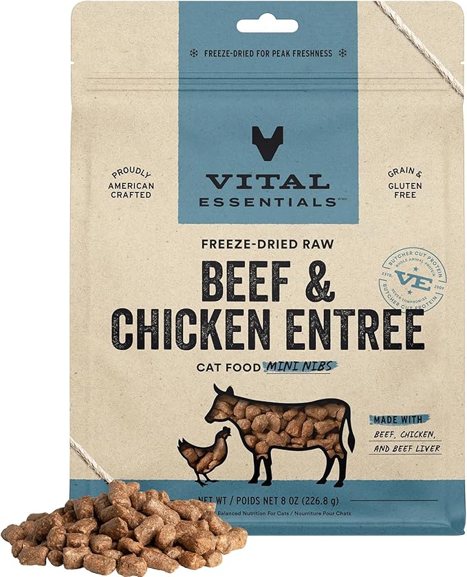 Vital Essentials Freeze Dried Raw Cat Food, Beef & Chicken Mini Nibs Entree, 8 oz VitalEssentials