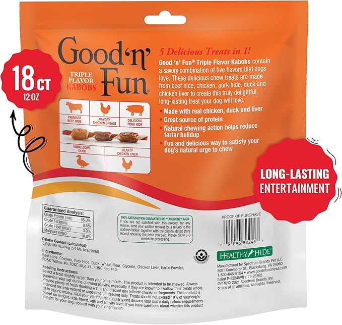 Good'N'Fun Triple Flavored Rawhide Kabobs for Dogs, 1 Pack, 12 oz - PAWPICO