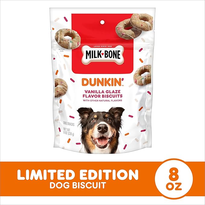 Milk-Bone Limited Edition Dunkin' Vanilla Glaze Flavor Biscuit Dog Treats, 8 Ounce (Pack of 2) - PAWPICO