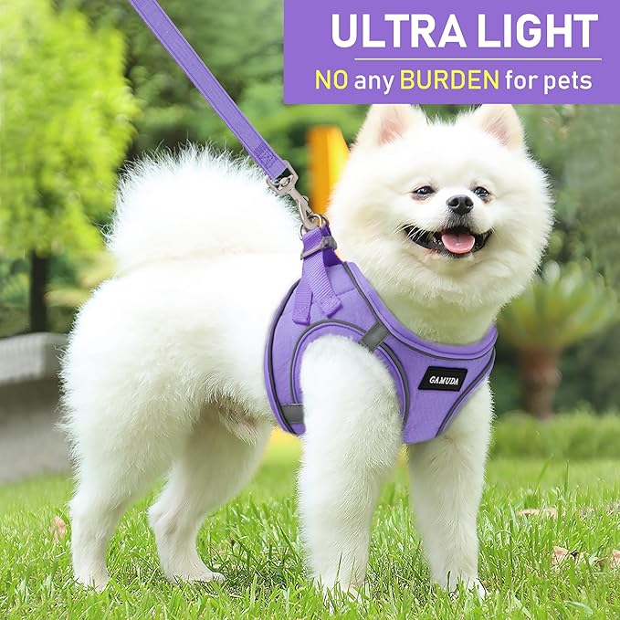 GAMUDA Small Pet Harness Collar and Leash Set, Step in No Chock No Pull Linen Fabric Soft Mesh Dog Vest Harnesses Reflective for Dogs Puppy Cats Kitten Rabbit (Purple, S) GAMUDACollarsCollection