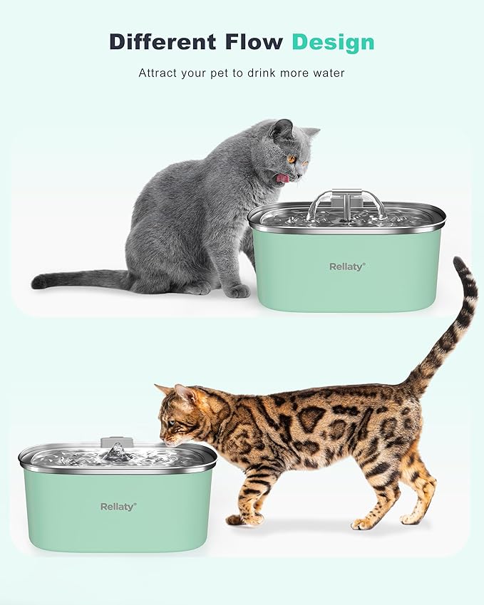 Cat Water Fountain Stainless Steel: 3.2L/108oz Pet Fountain Water Bowl Automatic Drinking Dispenser Cat Feeding & Watering Supplies, Ultra-Quiet Pump Replacement Filter for Cats Inside(Seafoam Green) - PAWPICO