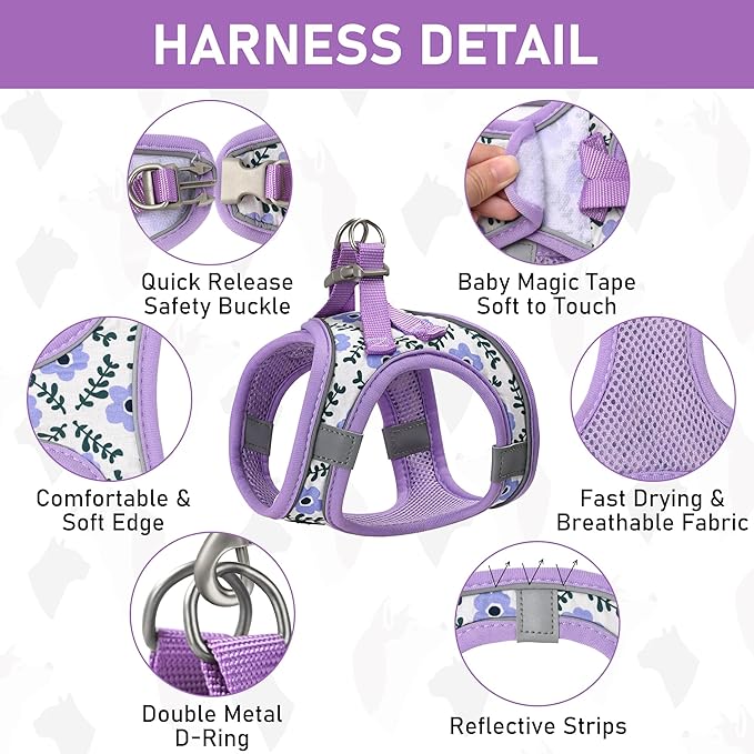 GAMUDA Small Dog Harness Collar and Leash Set, Step in No Chock No Pull Soft Mesh Adjustable Dog Vest Harnesses Plaid Reflective for Dogs Puppy Cats Kitten Rabbit (Purple Flower, L) GAMUDACollarsCollection