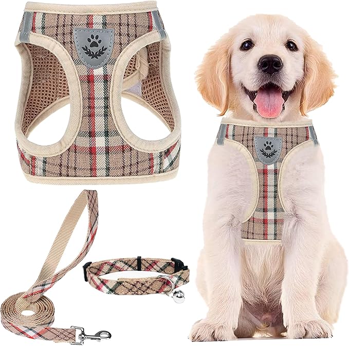 PUPTECK Adjustable Dog Harness Collar and Leash Set Step in No Pull Pet Harness for Small Medium Dogs Puppy and Cats Outdoor Walking Running, Soft Mesh Padded Reflective Vest Harnesses, Khaki M PUPTECK