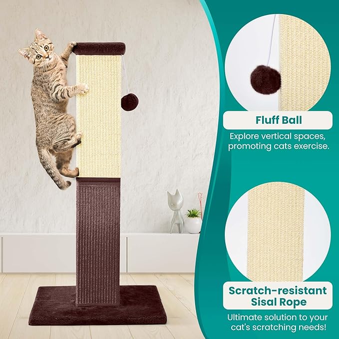 Cat Scratching Post, 32 Inch Cat Scratching Post for Large Cats, Cat Scratcher with Nature Sisal, Cat Scratch Post for Indoor Large Cats and Kitten, Brown - PAWPICO