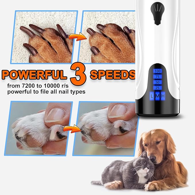 YABIFE Dog Nail Grinder, Dog Nail Trimmers and Clippers Kit, Super Quiet, Rechargeable, for Small Large Dogs & Cats Toenail & Claw Grooming,3 Speeds, 1 Extra Grinding Wheel - PAWPICO