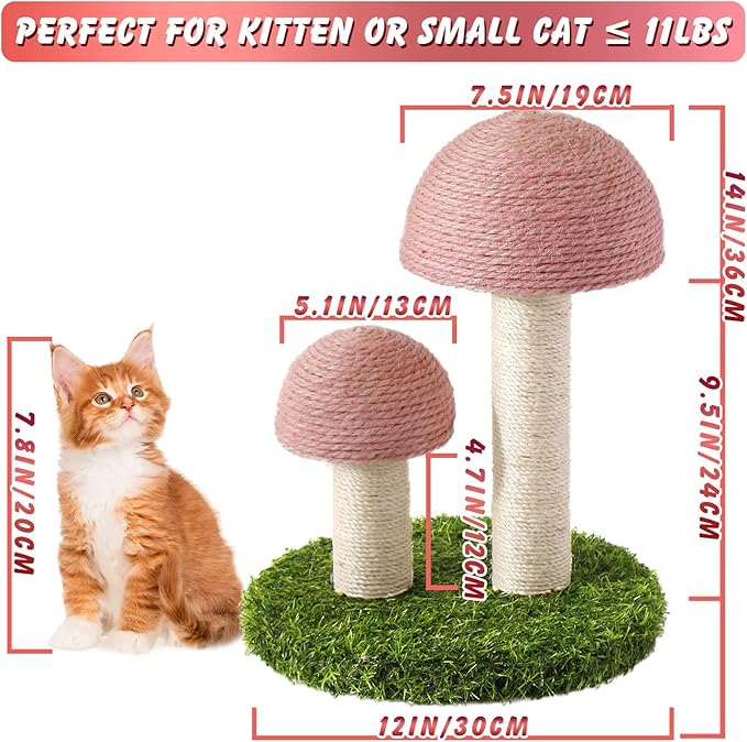 Cat Scratching Post - Mushroom Cat Scratcher Featuring with Natural Sisal Caps Scratch Pole and Sturdy Base for Kittens & Small Cats - Pink - PAWPICO