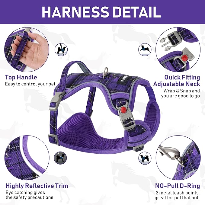 GAMUDA Dog Harness Collar and Leash Set, Dog Harness, No Chock No Pull Adjustable Vest Harnesses Plaid Reflective for Medium Dog, Cat, Small Horse, Small Bull and Pig (Purple, M) GAMUDACollarsCollection
