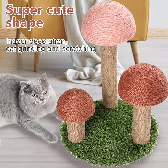PowerKing Cat Scratching Post, Mushroom Claw Scratching Post for Cat, Natural Sisal Cat Scratchers with 3 Mushroom Pole, Cat Interactive Toys - PAWPICO