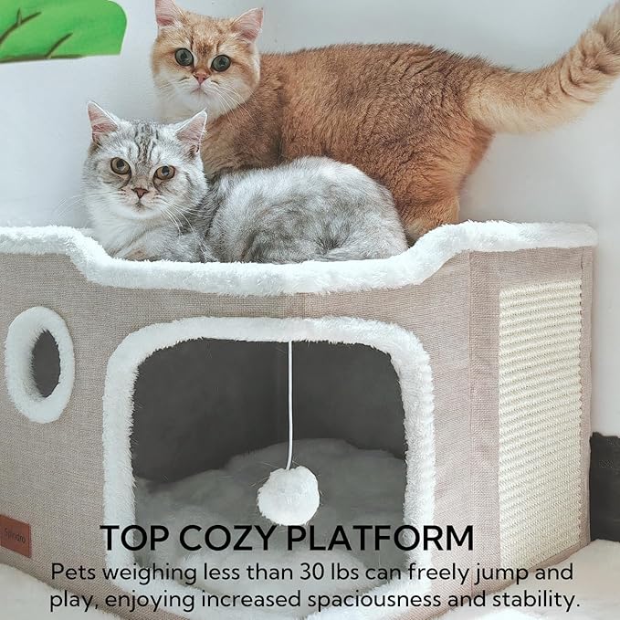 Large Cat Cave Bed for Indoor Cats, Cats Cube House with Scratch Pad Cat Condo Hideaway Tente Hut with Washable Sherpa Warm Soft Cat Mat, Cute Cat Beds Furniture, Modern Dog Bed,Beige - PAWPICO