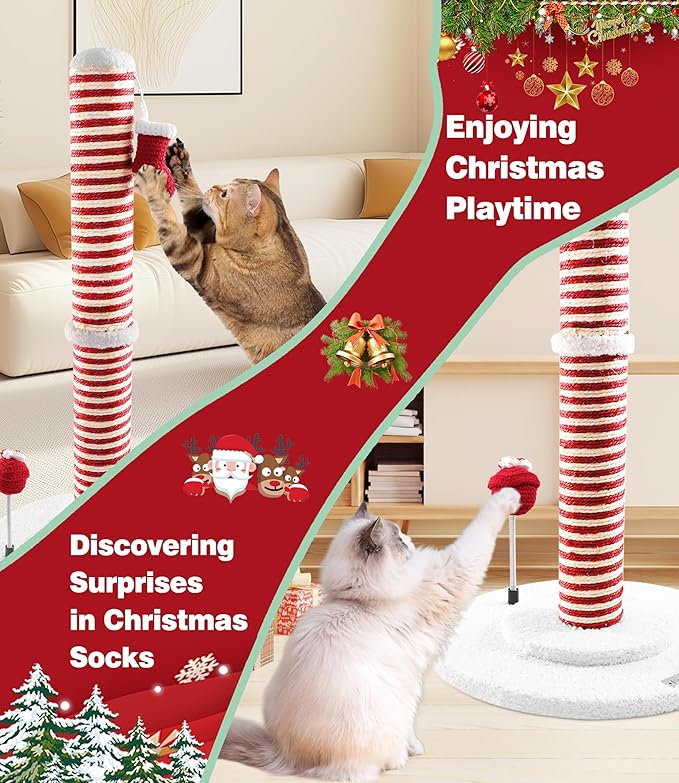 Christmas Cat Scratching Post,Christmas Cat Scratcher for Indoor Cats,Christmas Cat Tree Tower Activity Cat Play Center with Santa Danging Sock Toys and Gift Box - PAWPICO