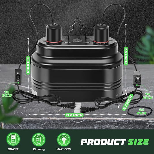 Dual Reptile Light Fixture with Thermostat Switch and Independent Switch, Deep Dome Reptile Heat Lamp Fixture Optical Reflector Lampshade for Bearded Dragon, Amphibians, Tortoise (Max 160W) WelcometoMECESORReptileWorld