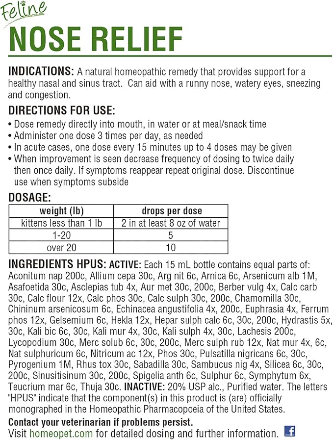 HomeoPet Feline Nose Relief, Natural Nasal and Sinus Medicine for Cats, Pet Medicine, 15 Milliliters HomeoPet