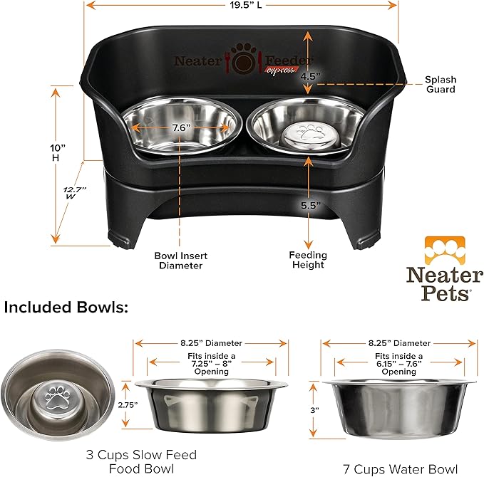 Neater Feeder - Express Model w/ Slow Feed Bowl - Mess-Proof Dog Bowls (M/L, Black) Made in USA – Elevated, No Spill, Non-Tip, Non-Slip, Raised Stainless Steel Food/Water Pet Bowls Aid Digestion - PAWPICO