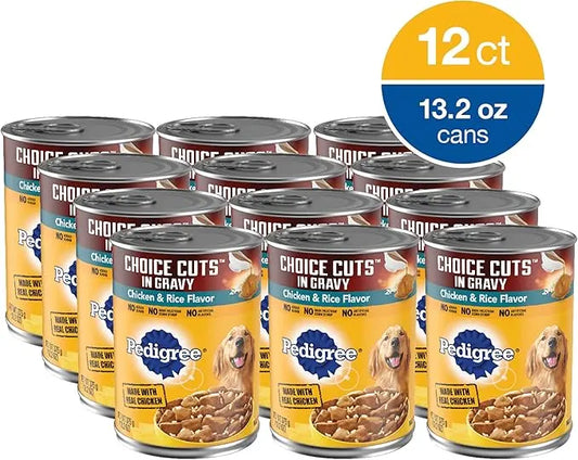PEDIGREE CHOICE CUTS IN GRAVY Adult Canned Soft Wet Dog Food, Chicken & Rice Flavor, 13.2 oz. Cans 12 Pack - PAWPICO