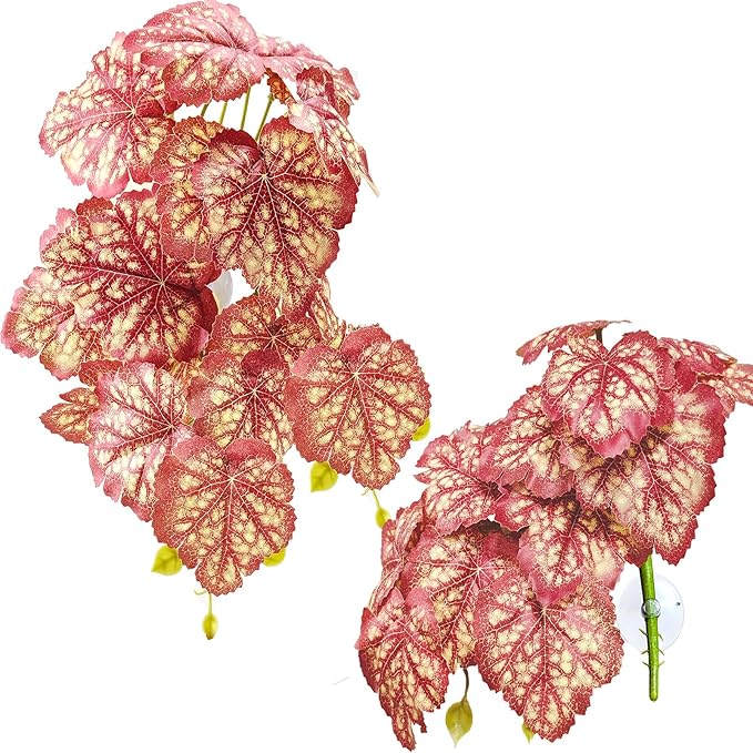 Woyrise Reptile Plants, Terrarium Hanging Plants Vines for Reptile Tank, Amphibian Habitat Leaves Decor with Suction Cup for Bearded Dragon Lizard Snake Gecko Frog Hermit Crab - 2Pcs Pink Heuchera Woyrise