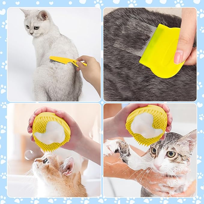 VCZONE 8 Pcs Cat Brush Grooming Kits, Pet Self Cleaning Kit with Pet Nail Clipper and File, Flea Comb, Pet Shampoo Bath Brush, Pet Shedding Brush, Silicone Toothbrush (Yellow) - PAWPICO