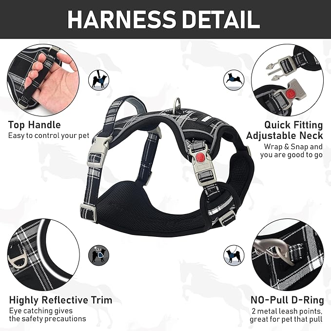 GAMUDA Dog Harness Collar and Leash Set, Horse Care Sheets, No Chock No Pull Adjustable Vest Harnesses Plaid Reflective for Medium Dog, Cat, Small Horse, Small Bull and Pig (Black, XS) GAMUDACollarsCollection