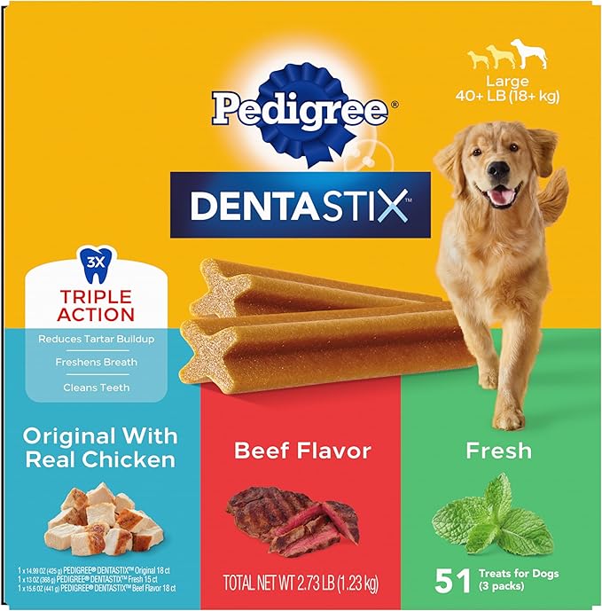 PEDIGREE DENTASTIX Large Dog Dental Care Treats Original, Beef & Fresh Variety Pack, 2.73 lb.Pack (51 Treats) - PAWPICO