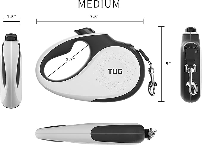 TUG 360° Tangle-Free Retractable Dog Leash | 16 ft Strong Nylon Tape | One-Handed Brake, Pause, Lock (Medium, White) TUG