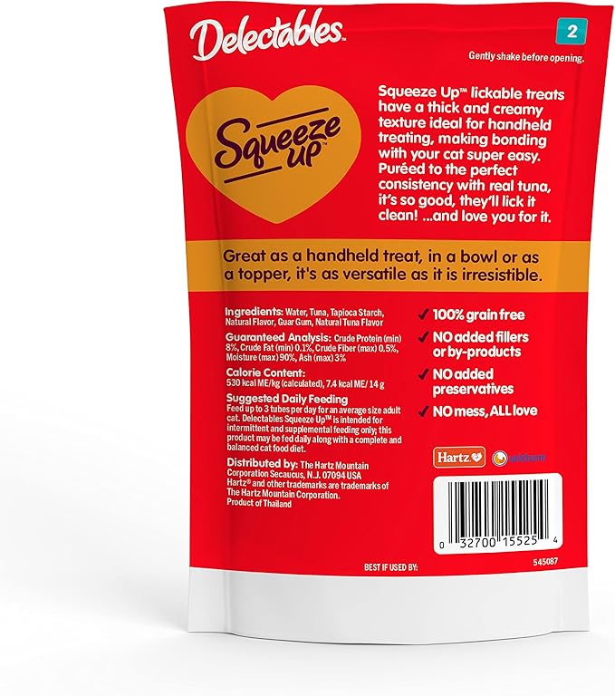 Hartz Delectables Squeeze Up Interactive Lickable Wet Cat Treats for Adult & Senior Cats, Tuna, 4 Count (Pack of 8) Hartz
