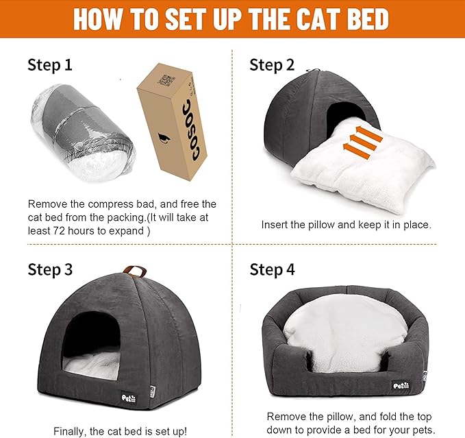 Cat Bed for Indoor Cats -Premium Pet Beds for Cats and Small Dogs, Cat Bed Cave, Comfortable Covered Cat Bed, Cat Tent, Kitten Bed, Small Animal Bed and Cat Hut with Cushioned Pillow (Medium, Grey) - PAWPICO