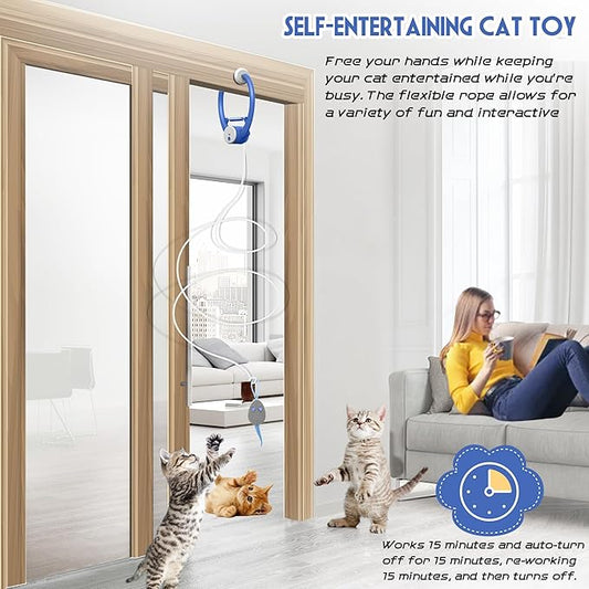 Cat Toy Interactive for Indoor Cats, Smart USB Rechargeable Door Hanging Automatic Retractable Kitten Toys, Teaser Electronic Self Play Feather Cat String Toys Attached with 3 Catnip Mice Blue - PAWPICO