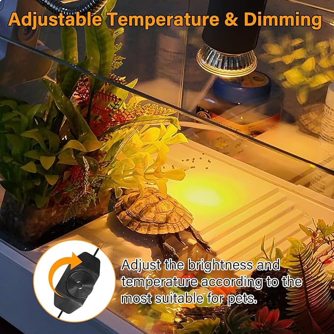 Reptile Heat Lamp with 2 Pcs 50W UVA UVB Light Bulb, 360° Rotatable Basking Spot Light Simulated Sunlight, Dimmable Heating Lamp for Turtle, Lizard, Snake, Beared Dragon, Amphibians DUMILOO