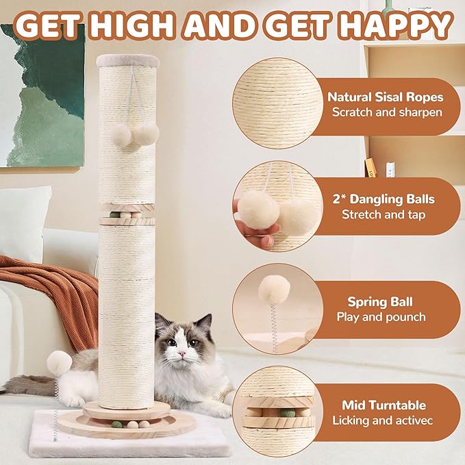 OTOB 33" Tall Cat Scratching Post, 4.3Inch Large Diameter Natural Sisal Rope Scratcher Post, 5-in-1 Interactive Turntable Cat Scratch Post with Soft Hanging Ball Toys for Indoor Large Cats - PAWPICO