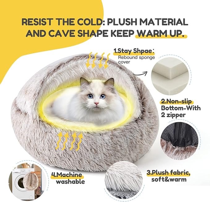 CATISM Cat Bed, Plush Hooded Cat Beds for Indoor Cats, Calming Cat Nest, Self Warming Cat Bed Cave, Cozy Cat Pod for Indoor Cat or Small Dog, Removable Washable Cat Cove with Non-Slip Bottom - PAWPICO