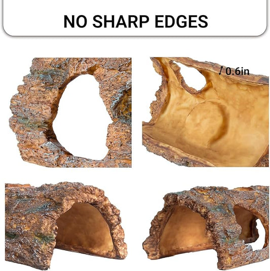 2 in 1 Reptile Hides and Caves with Top Feeder, 9in Resin Hollow Bark Log Hideout, Reptile Basking Platform Hideaway Tank Accessories for Bearded Dragon, Snake, Gecko, Lizard, Tortoise CAVACHEWReptileSupplies