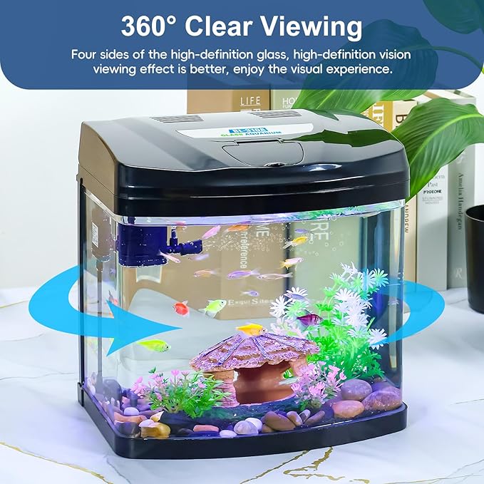 3 Gallon Glass Aquarium Starter Kit with Flip-Top Feeding Port for Betta Fish: Crystal Clear 360° Viewing, Eco-Cycle Filtration, Air Pump, and LED Lighting Bluecoco