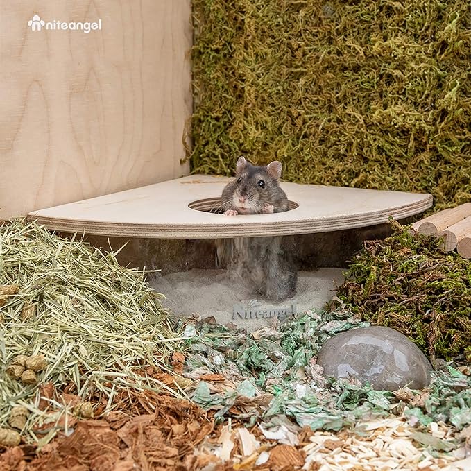 Niteangel Animal Sand-Bath Box: - Acrylic Critter's Sand Bath Shower Room & Digging Sand Container for Hamsters Mice Lemming Gerbils or Other Small Pets (Triangle, Birch-Wood) Niteangel