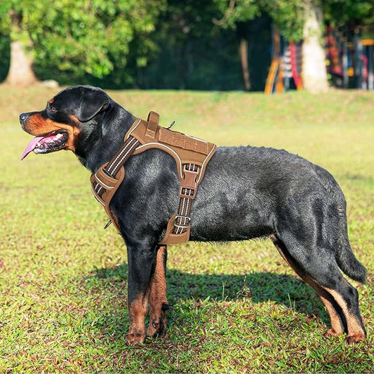 Heavy Duty Tactical Dog Harness for Large Dogs, No Pull Adjustable Pet Harness Reflective Service Training Easy Control Pet Vest Military K9 Working Dog Harnesses-X- Large, Brown Beebielove